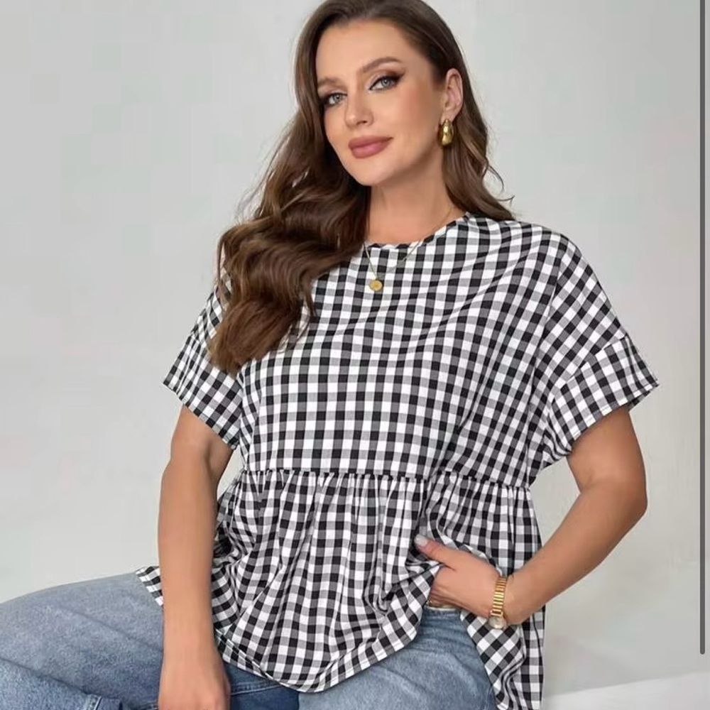 SHEIN Black & White Gingham Peplum Short Sleeve Blouse- Curve 0XL